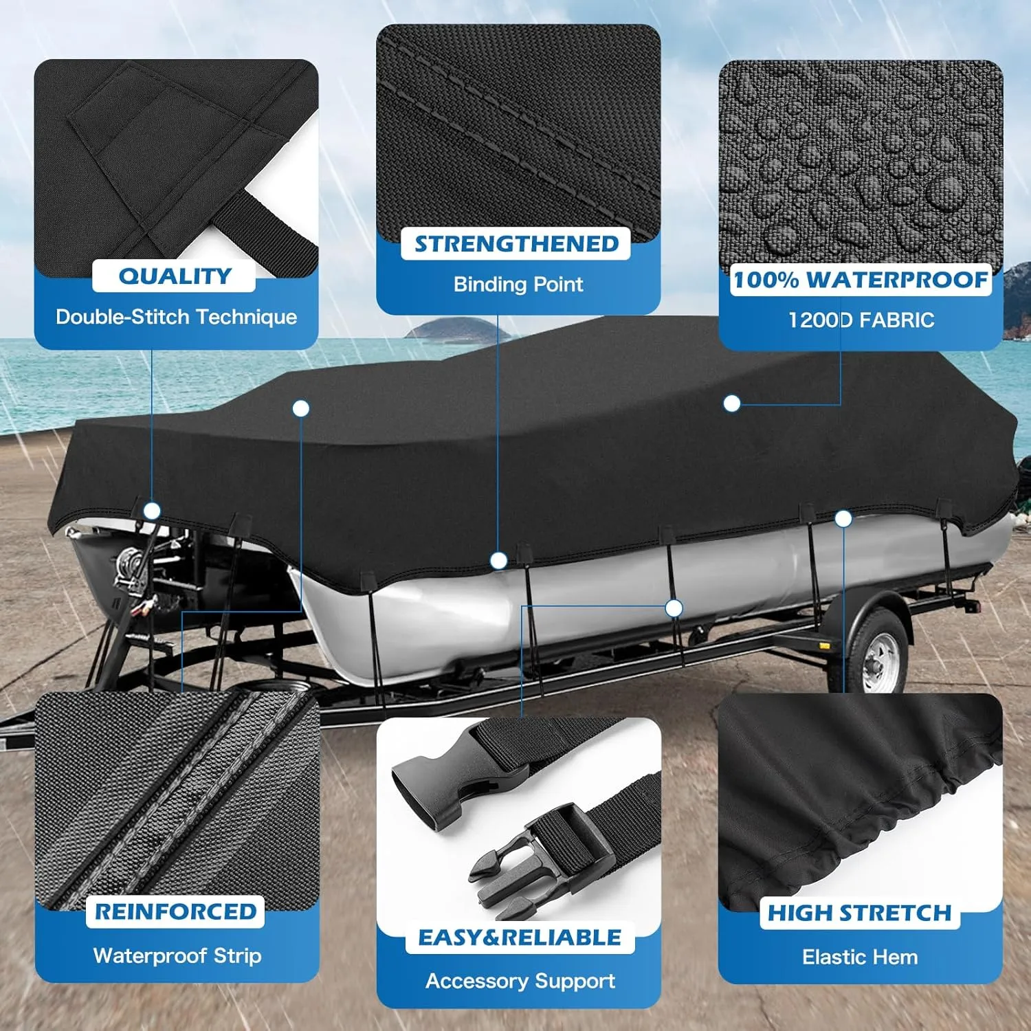 Solim Trailerable 1200D PU Heavy Duty Pontoon Boat Cover, 22-24ft Waterproof Marine Grade Oxford UV Resistant Polyester Canvas Cover, Boat Cover for Pontoon with Adjustable 18 Tie Down Straps, Black