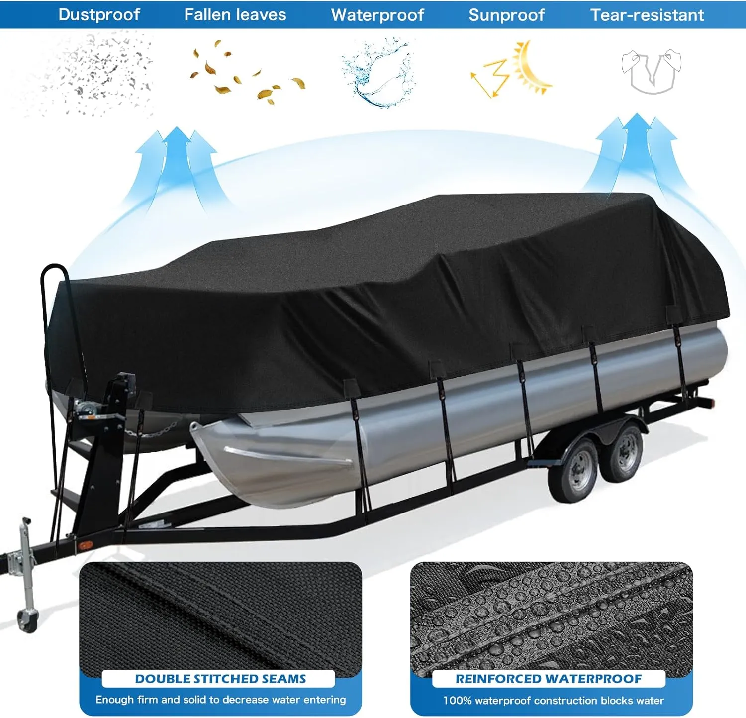 Solim Trailerable 1200D PU Heavy Duty Pontoon Boat Cover, 22-24ft Waterproof Marine Grade Oxford UV Resistant Polyester Canvas Cover, Boat Cover for Pontoon with Adjustable 18 Tie Down Straps, Black