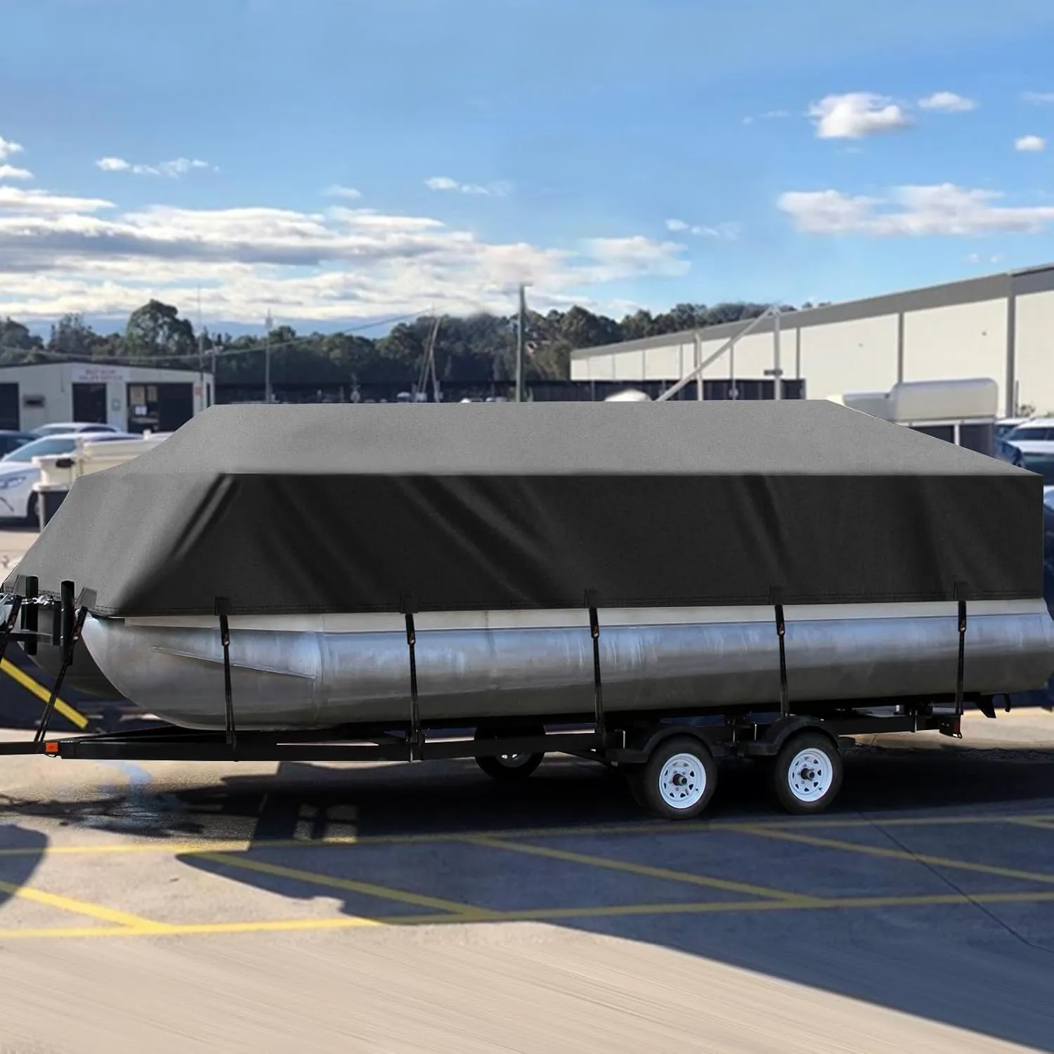 Solim Trailerable 1200D PU Heavy Duty Pontoon Boat Cover, 22-24ft Waterproof Marine Grade Oxford UV Resistant Polyester Canvas Cover, Boat Cover for Pontoon with Adjustable 18 Tie Down Straps, Black