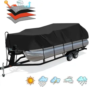 Solim Trailerable 1200D PU Heavy Duty Pontoon Boat Cover, 22-24ft Waterproof Marine Grade Oxford UV Resistant Polyester Canvas Cover, Boat Cover for Pontoon with Adjustable 18 Tie Down Straps, Black