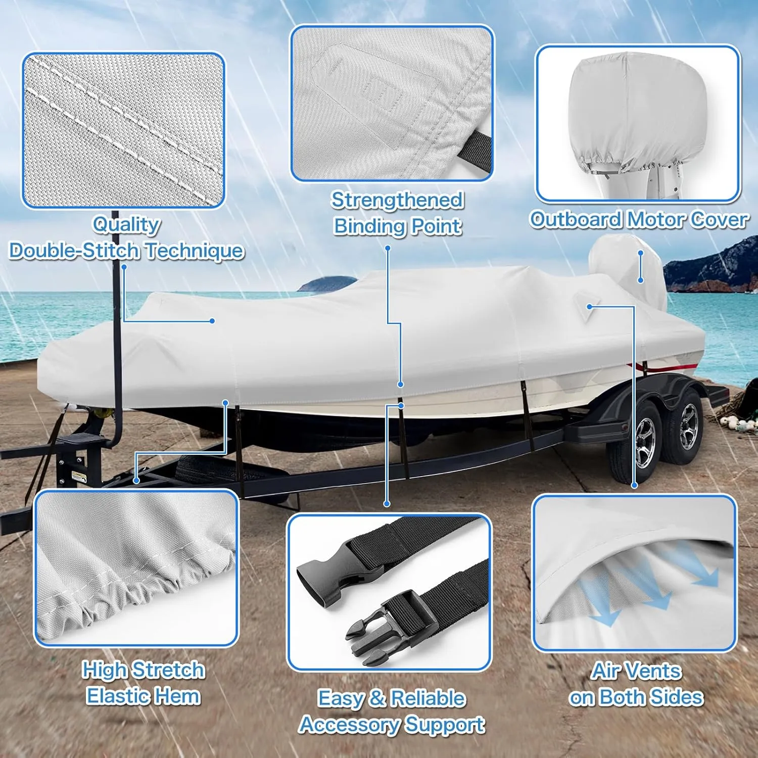 Solim Waterproof 1200D PU Boat Cover with Motor Cover, 20-22' Marine Grade Heavy Duty Trailerable Anti-UV Polyester Canvas, Fits 20-22ft Bass Boat, V-Hull, Runabout, Fishing Boat, Ski boat with Straps