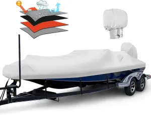 Solim Waterproof 1200D PU Boat Cover with Motor Cover, 20-22' Marine Grade Heavy Duty Trailerable Anti-UV Polyester Canvas, Fits 20-22ft Bass Boat, V-Hull, Runabout, Fishing Boat, Ski boat with Straps