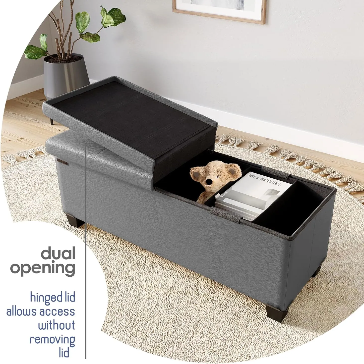 STORAGEBUD Storage Ottoman Bench with Bins, 43-in Storage Bench for Bedroom End of Bed, Folding Foot Rest Ottoman for Living Room Max 660lbs, Faux Leather Ottomans, Grey