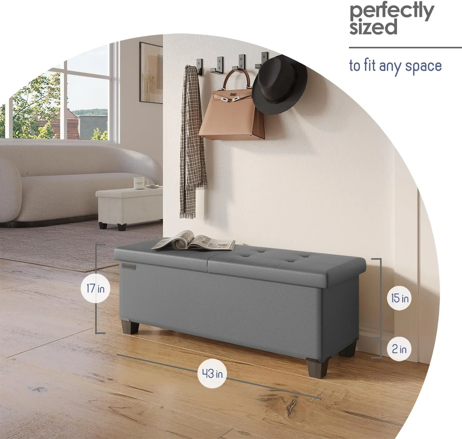 STORAGEBUD Storage Ottoman Bench with Bins, 43-in Storage Bench for Bedroom End of Bed, Folding Foot Rest Ottoman for Living Room Max 660lbs, Faux Leather Ottomans, Grey