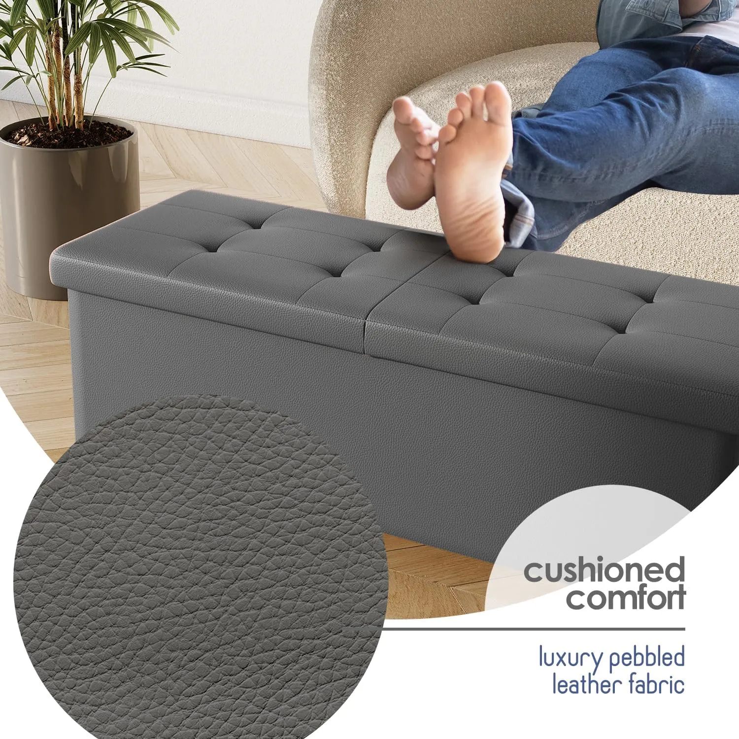 STORAGEBUD Storage Ottoman Bench with Bins, 43-in Storage Bench for Bedroom End of Bed, Folding Foot Rest Ottoman for Living Room Max 660lbs, Faux Leather Ottomans, Grey