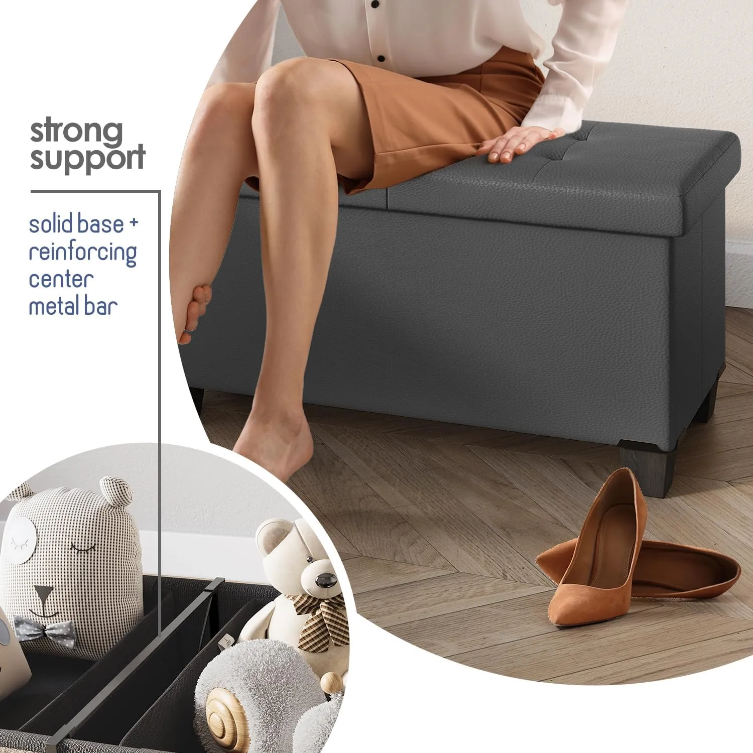STORAGEBUD Storage Ottoman Bench with Bins, 43-in Storage Bench for Bedroom End of Bed, Folding Foot Rest Ottoman for Living Room Max 660lbs, Faux Leather Ottomans, Grey