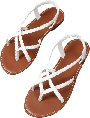 SuanlaTDS Women's Flat Sandals Dressy Summer 2025 Comfortable T-Strap Elastic Ankle Strap Slip-on Slides Flip Flops Crisscross Split Toe Bohemian Beach Thong Low Heel Party Outdoor Sandal