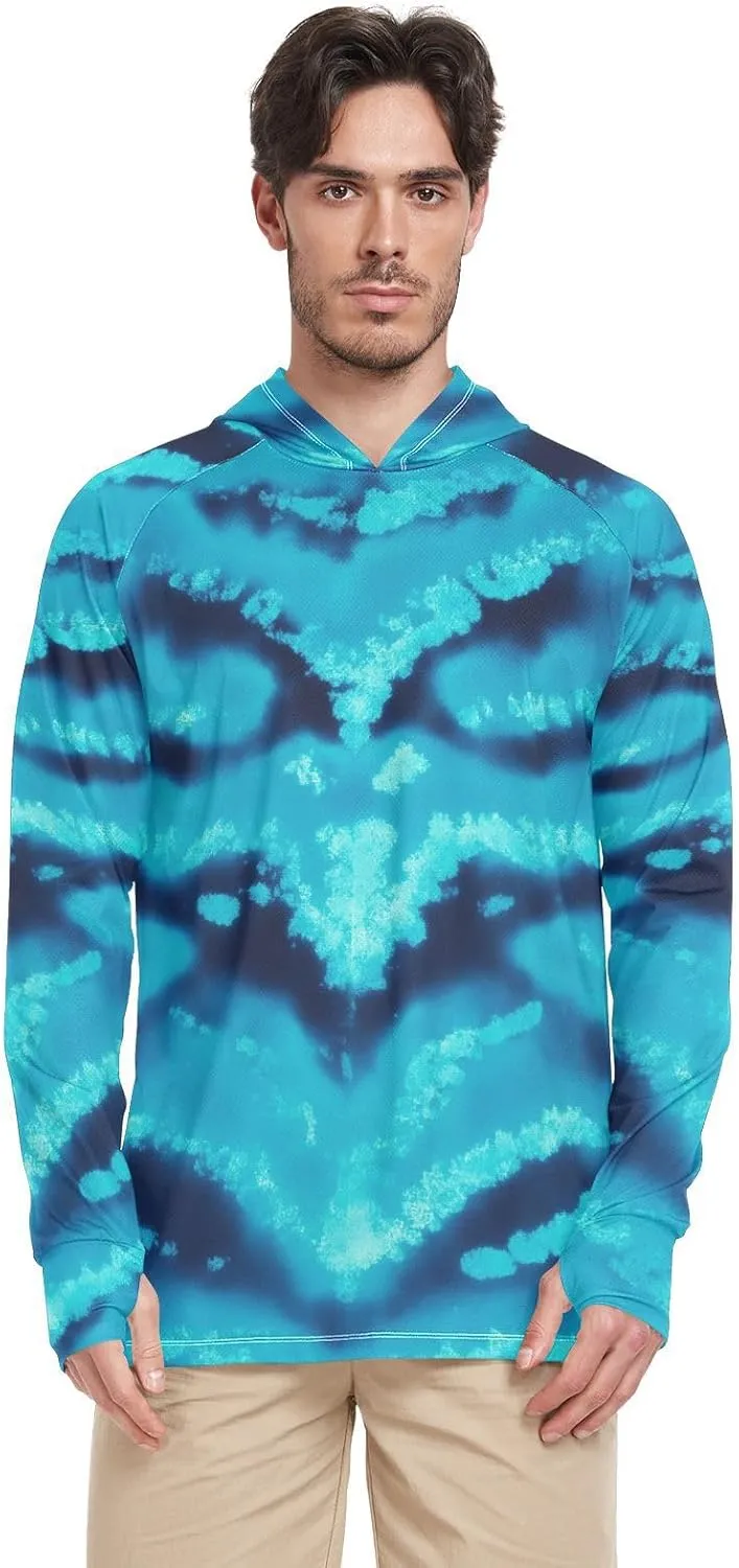 Sun Protection Hoodies Long Sleeve Sun Shirt with Hood UPF 50 Rash Guard Hooded Swim Shirt Modern Blue Tie Dye