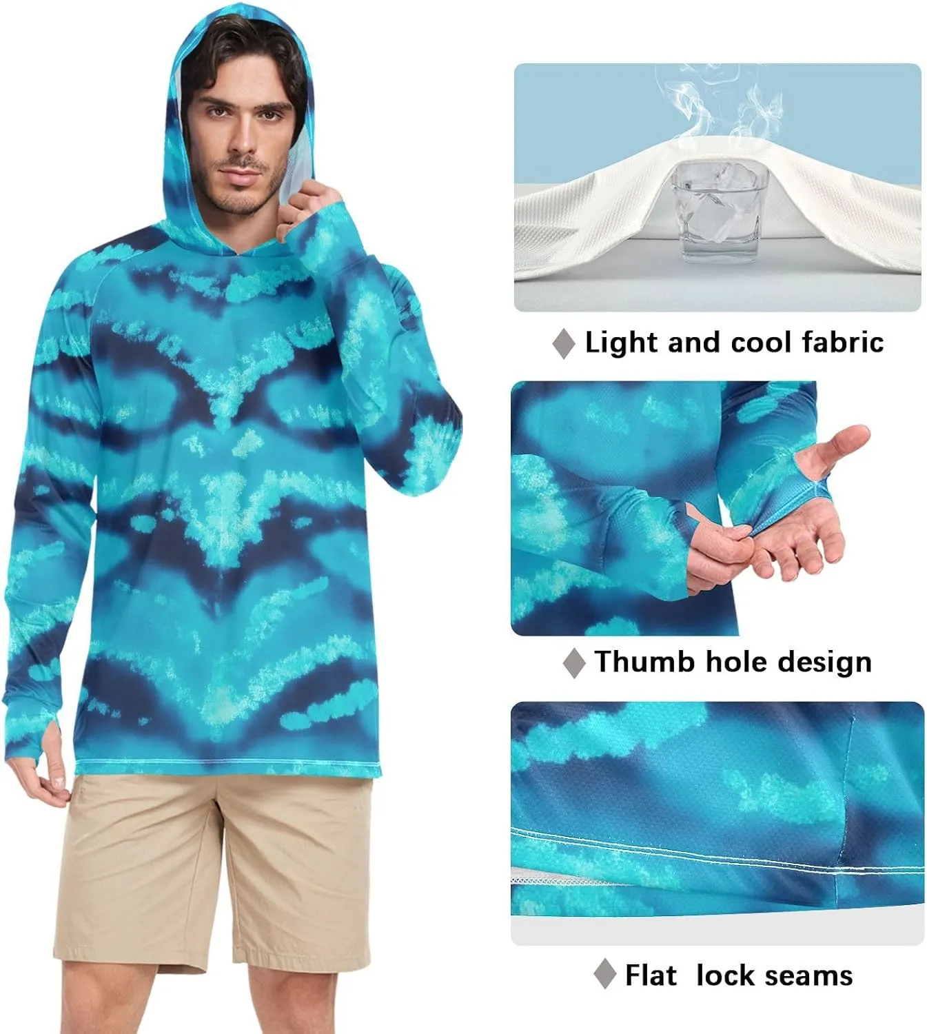 Sun Protection Hoodies Long Sleeve Sun Shirt with Hood UPF 50 Rash Guard Hooded Swim Shirt Modern Blue Tie Dye