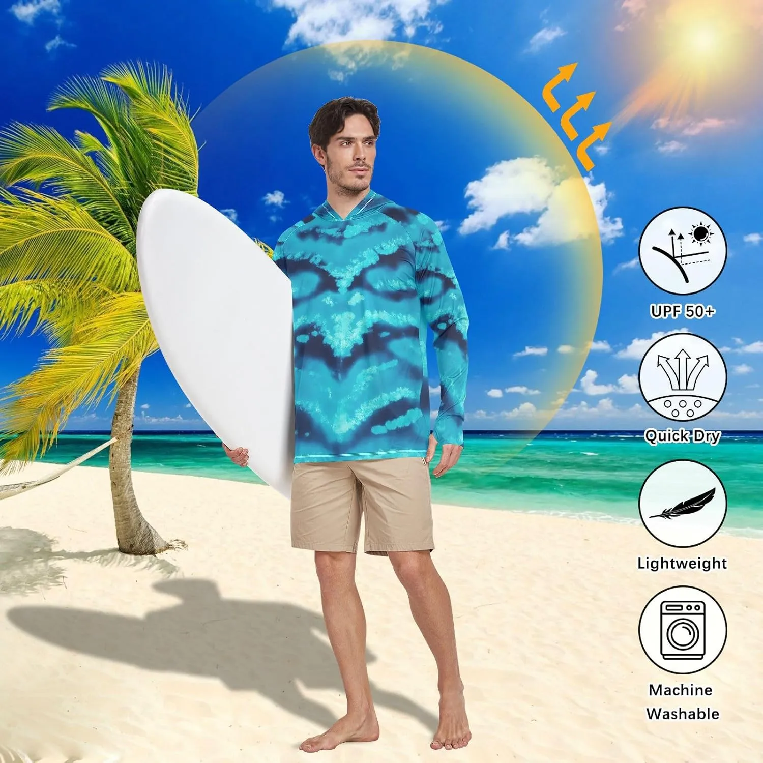 Sun Protection Hoodies Long Sleeve Sun Shirt with Hood UPF 50 Rash Guard Hooded Swim Shirt Modern Blue Tie Dye