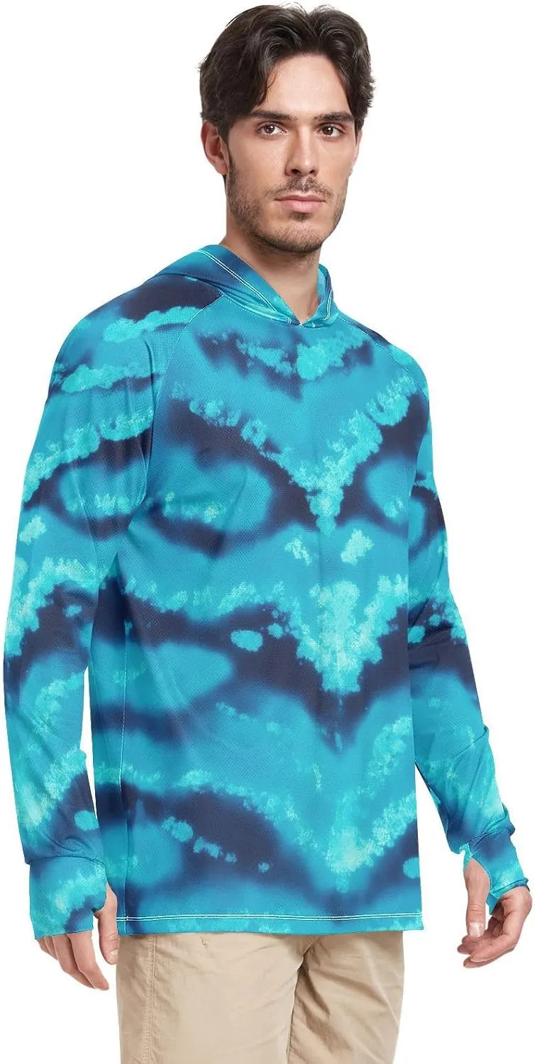 Sun Protection Hoodies Long Sleeve Sun Shirt with Hood UPF 50 Rash Guard Hooded Swim Shirt Modern Blue Tie Dye