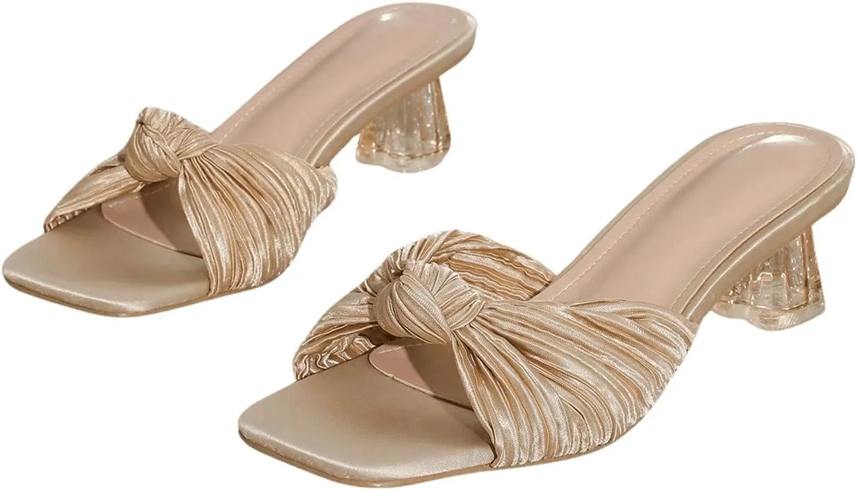 SweatyRocks Women's Square Open Toe Heeled Sandals BowKnot Mid Heel Summer Slippers
