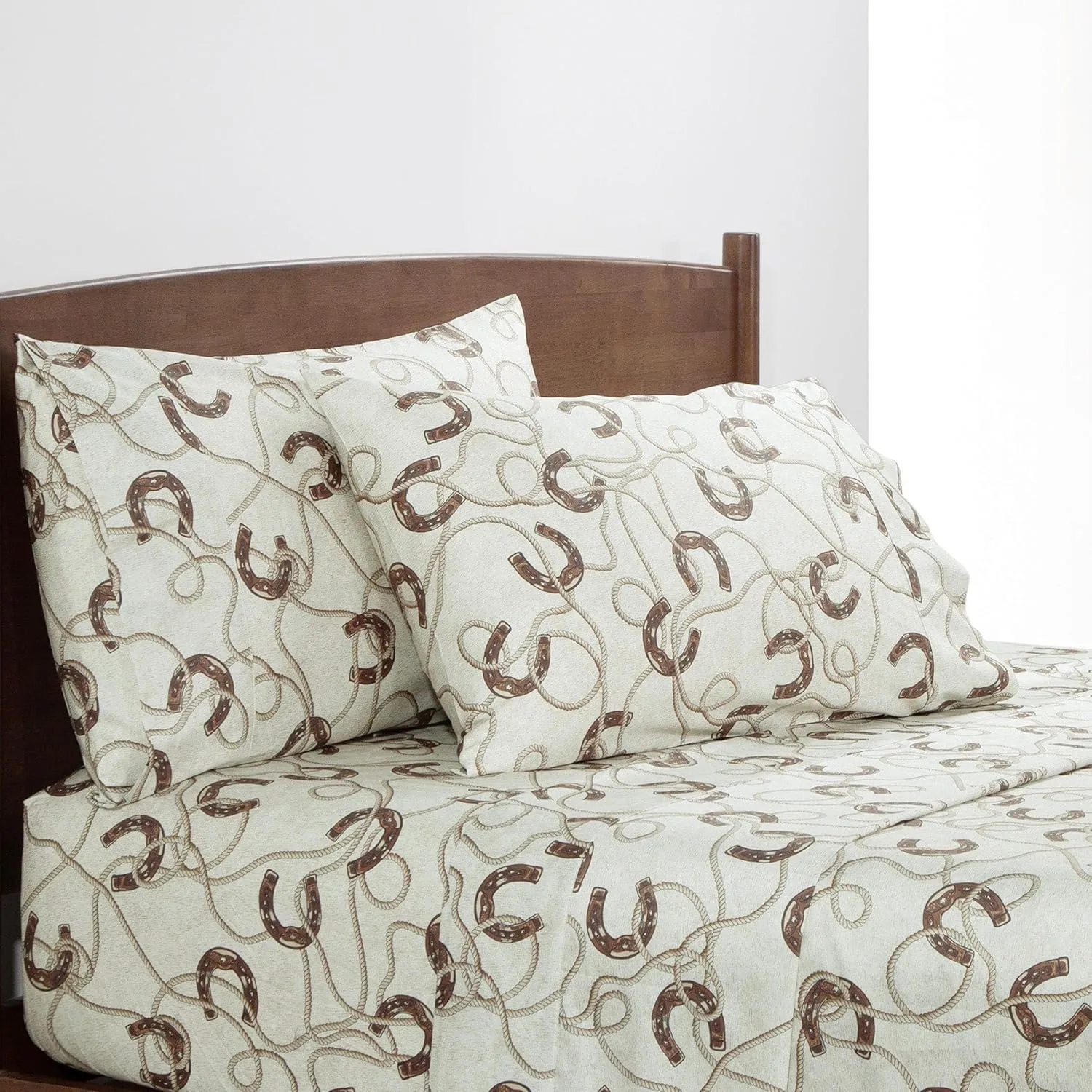Tasha Polizzi for Paseo Road Pierre Equestrian 4 Piece 350TC Cotton Queen Sheet Set, Horseshoes Western Sheets, Brown Cream Southwestern Rustic Bedding, 1 Flat Sheet, 1 Fitted Sheet, 2 Pillowcases