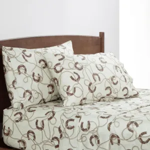 Tasha Polizzi for Paseo Road Pierre Equestrian 4 Piece 350TC Cotton Queen Sheet Set, Horseshoes Western Sheets, Brown Cream Southwestern Rustic Bedding, 1 Flat Sheet, 1 Fitted Sheet, 2 Pillowcases