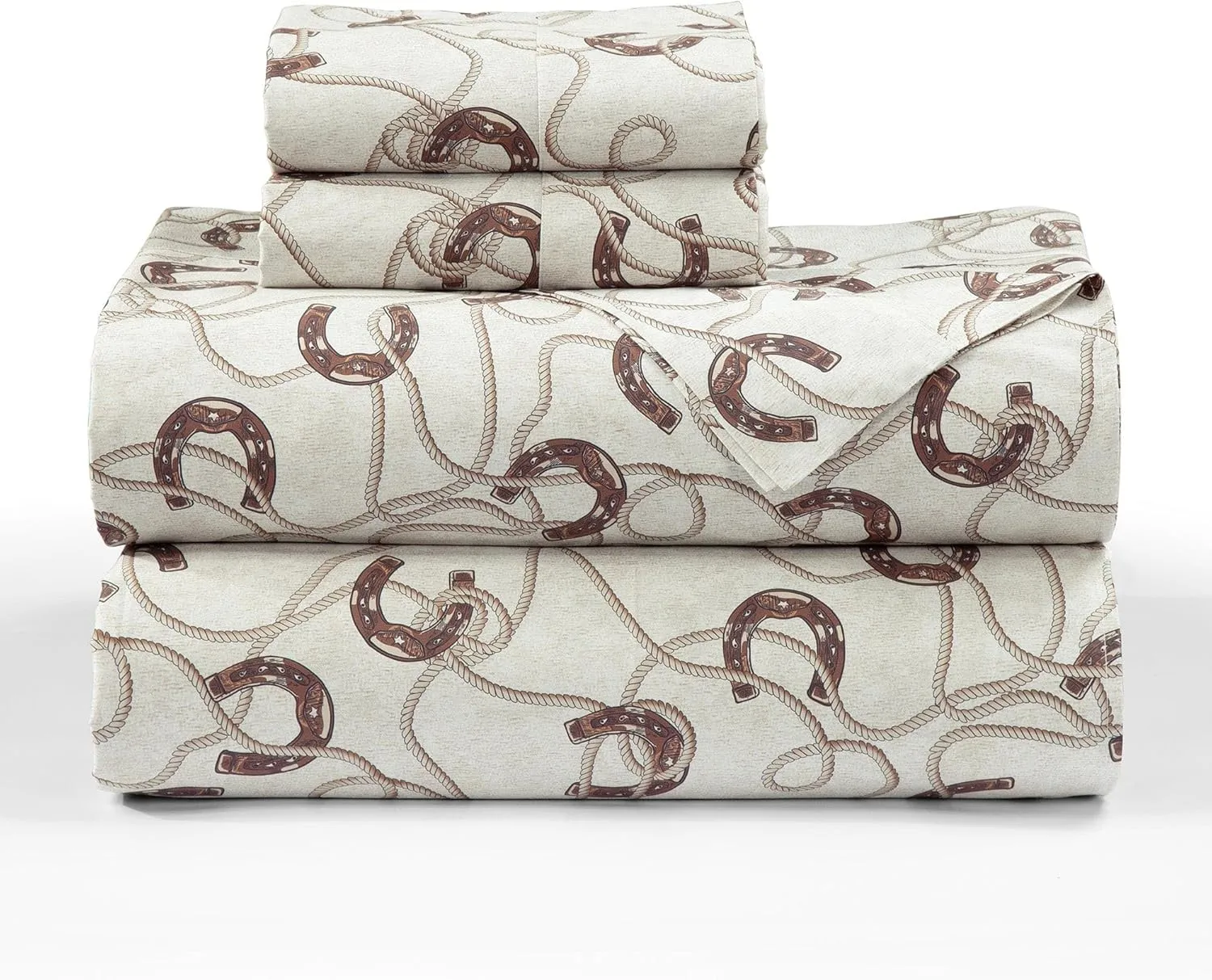 Tasha Polizzi for Paseo Road Pierre Equestrian 4 Piece 350TC Cotton Queen Sheet Set, Horseshoes Western Sheets, Brown Cream Southwestern Rustic Bedding, 1 Flat Sheet, 1 Fitted Sheet, 2 Pillowcases