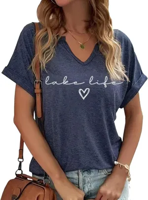 TIXOM Womens Summer V Neck Shirt Funny Letter Printed Graphic Short Sleeve Tee Casual Loose Fit Holiday Tops