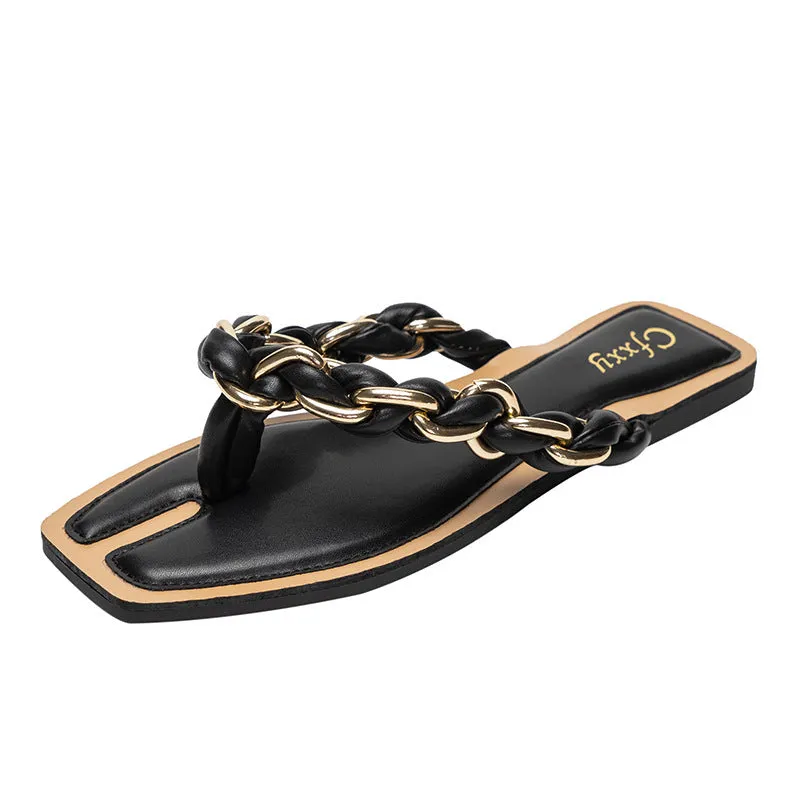 Toe Design Women's Flat Strap Braided Sandals with Best priced Chain Seamless integration Ring