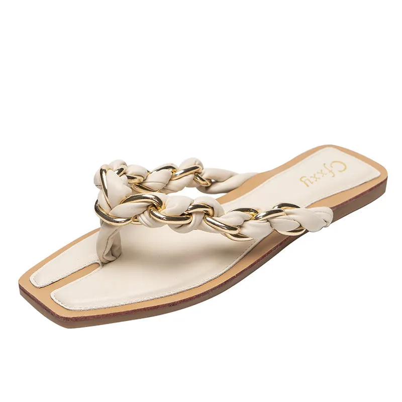 Toe Design Women's Flat Strap Braided Sandals with Best priced Chain Seamless integration Ring