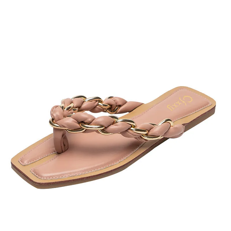 Toe Design Women's Flat Strap Braided Sandals with Best priced Chain Seamless integration Ring