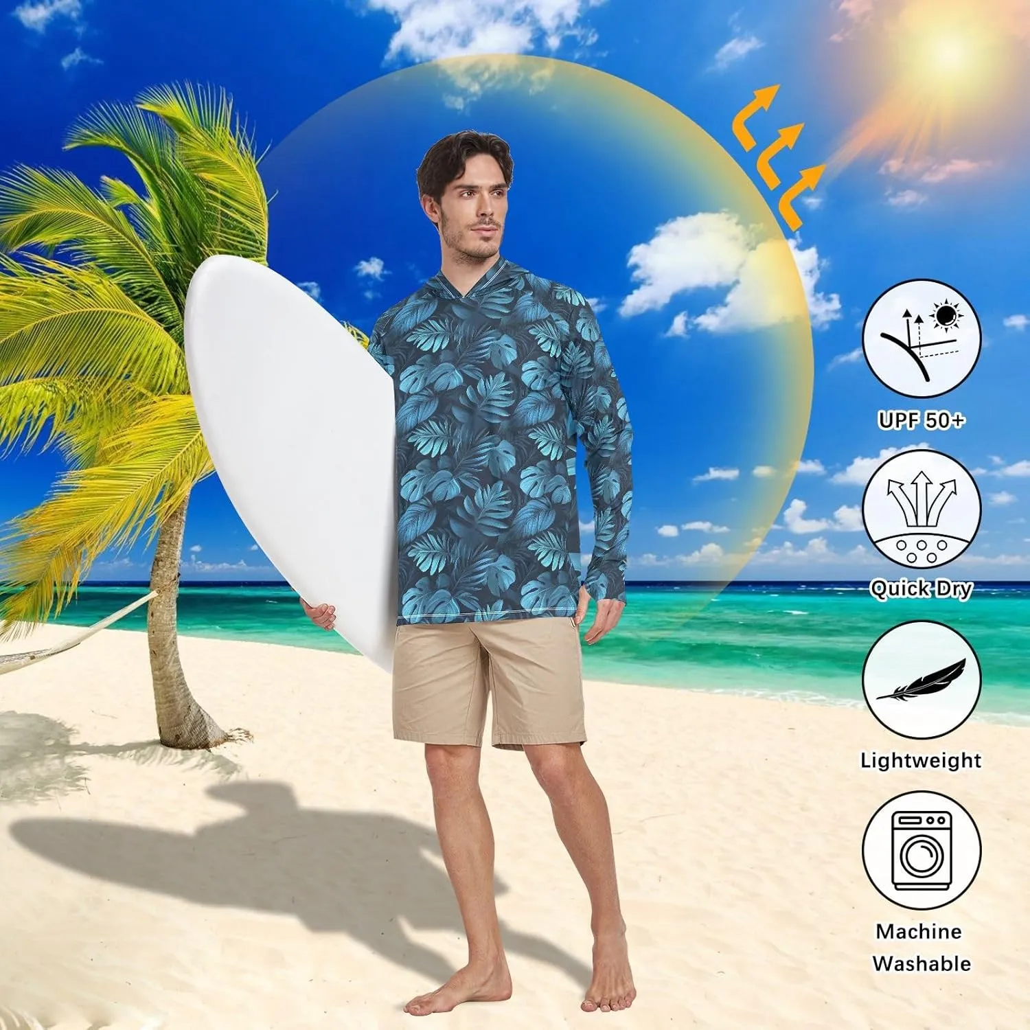Tropical Monstera Mens Hoodie Sun Protection Long Sleeve Sun Shirt with Hood UPF 50  Clothing Hood Shirts Men UV Rash Guards