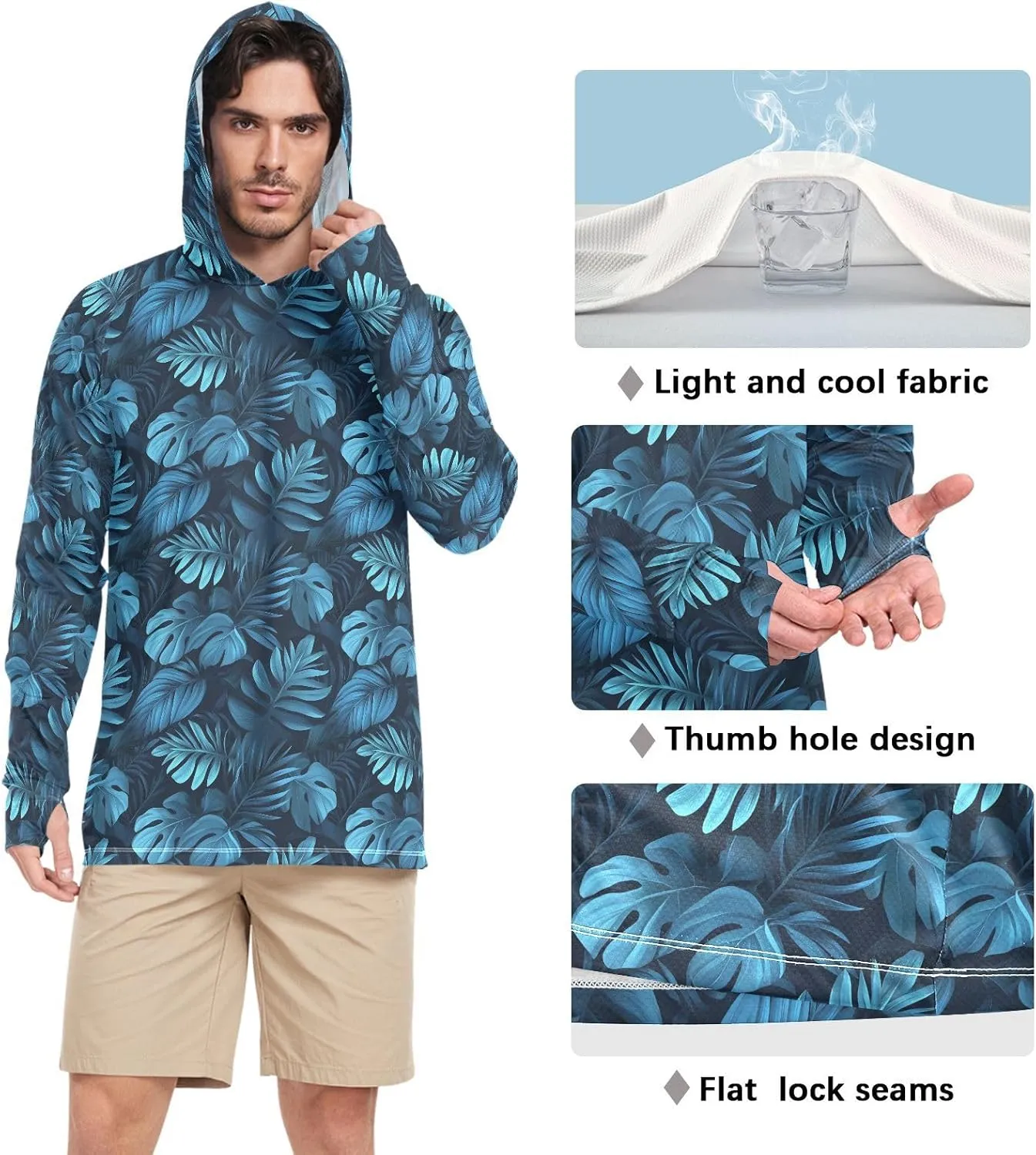 Tropical Monstera Mens Hoodie Sun Protection Long Sleeve Sun Shirt with Hood UPF 50  Clothing Hood Shirts Men UV Rash Guards