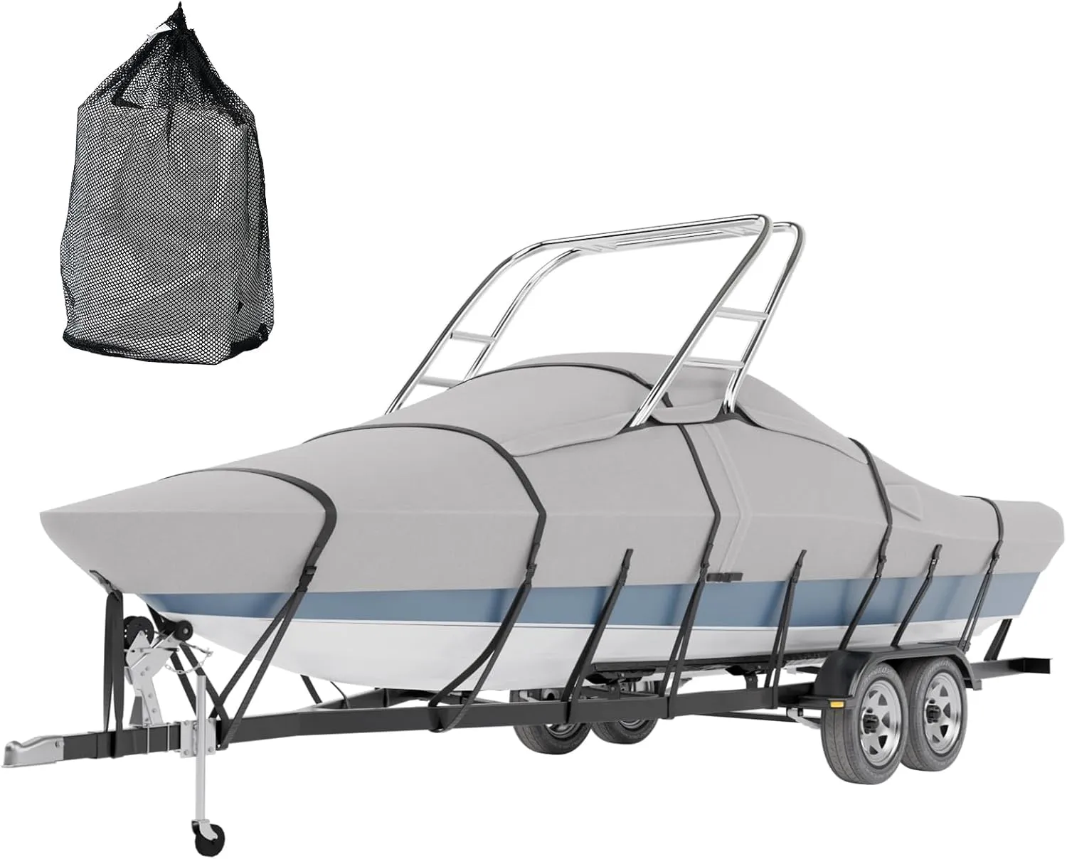 Tuszom True 900D Solution Dyed Waterproof Ski&Wakeboard Tower Boat Cover with Fully Windproof Straps and Storage Bag Fit 20'- 22'L beam width to 106"W, Trailerable V-Hull Runabouts OutBoards and I/O