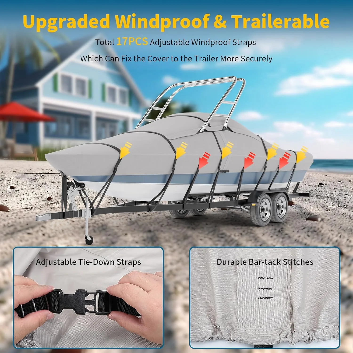 Tuszom True 900D Solution Dyed Waterproof Ski&Wakeboard Tower Boat Cover with Fully Windproof Straps and Storage Bag Fit 20'- 22'L beam width to 106"W, Trailerable V-Hull Runabouts OutBoards and I/O