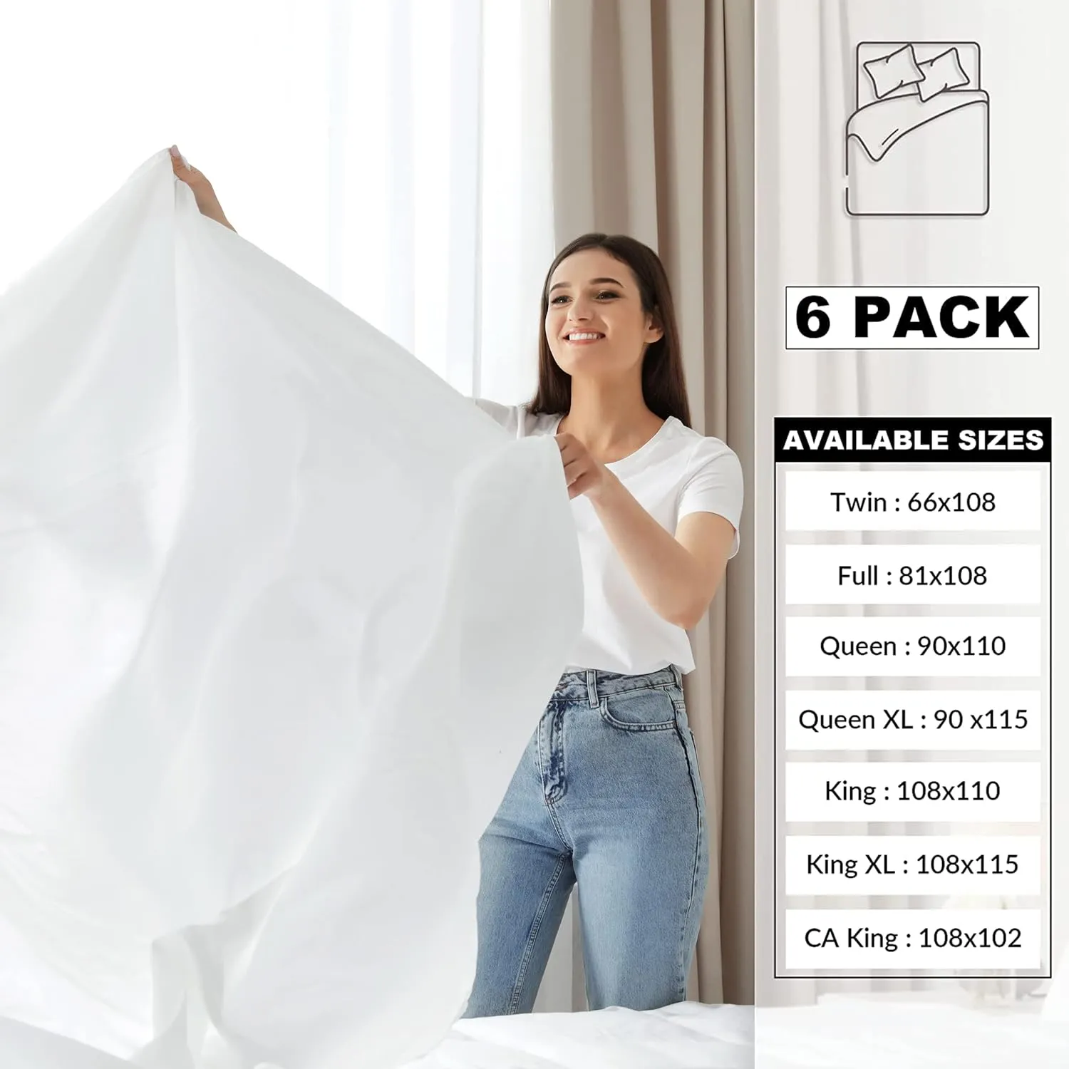 Twin Flat Sheet only Pack of 6 Bulk (66 x 108 Inches) White Polycotton T-200 Percale Weave - Top Bed Sheet for Home Bedding, Hospital, Massage Table Hotel, Easy Care, Soft Feel