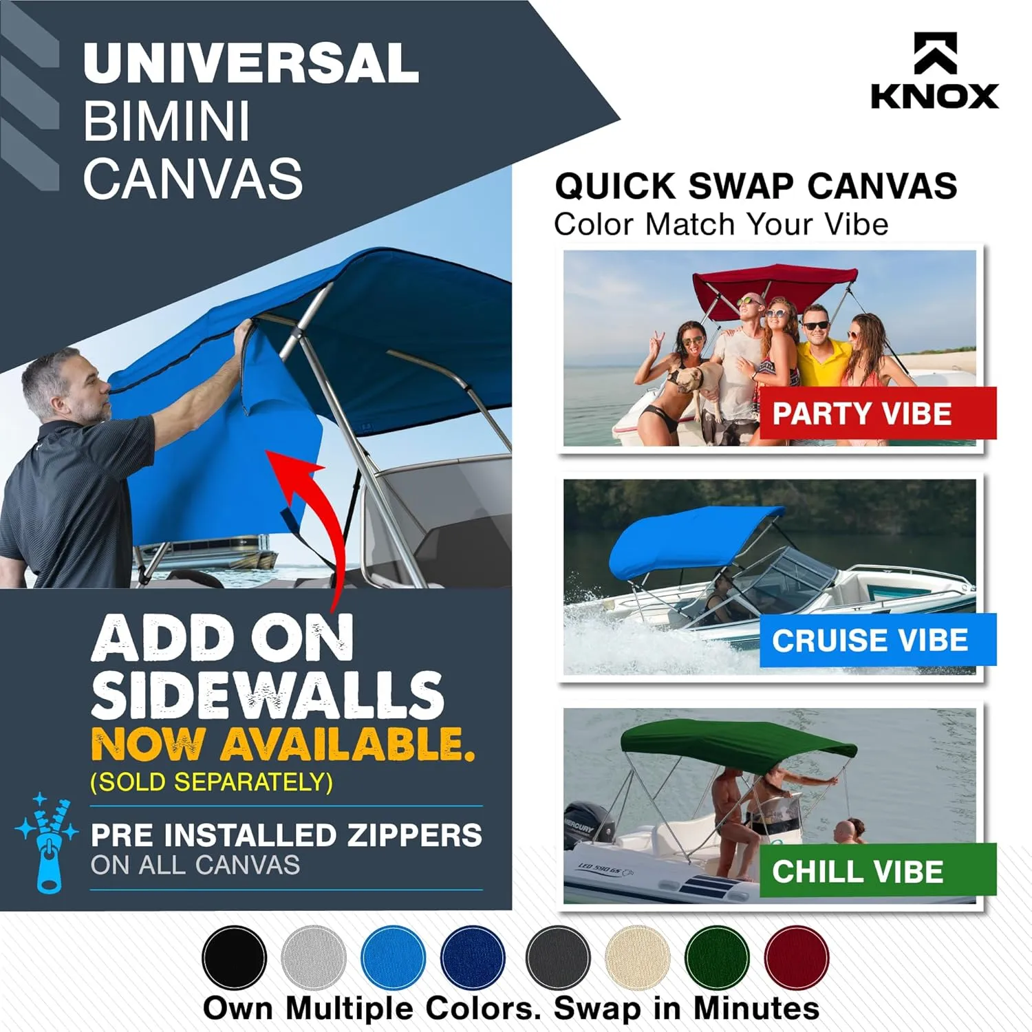Universal 3 Bow Bimini Top Replacement Canvas, Bimini Top Canvas Only with Zip-On Storage Boot, 900D Marine Grade, Waterproof, Fadeproof Sun Shade Boat Canopy, No Frame, 85-90" W, Pacific Blue