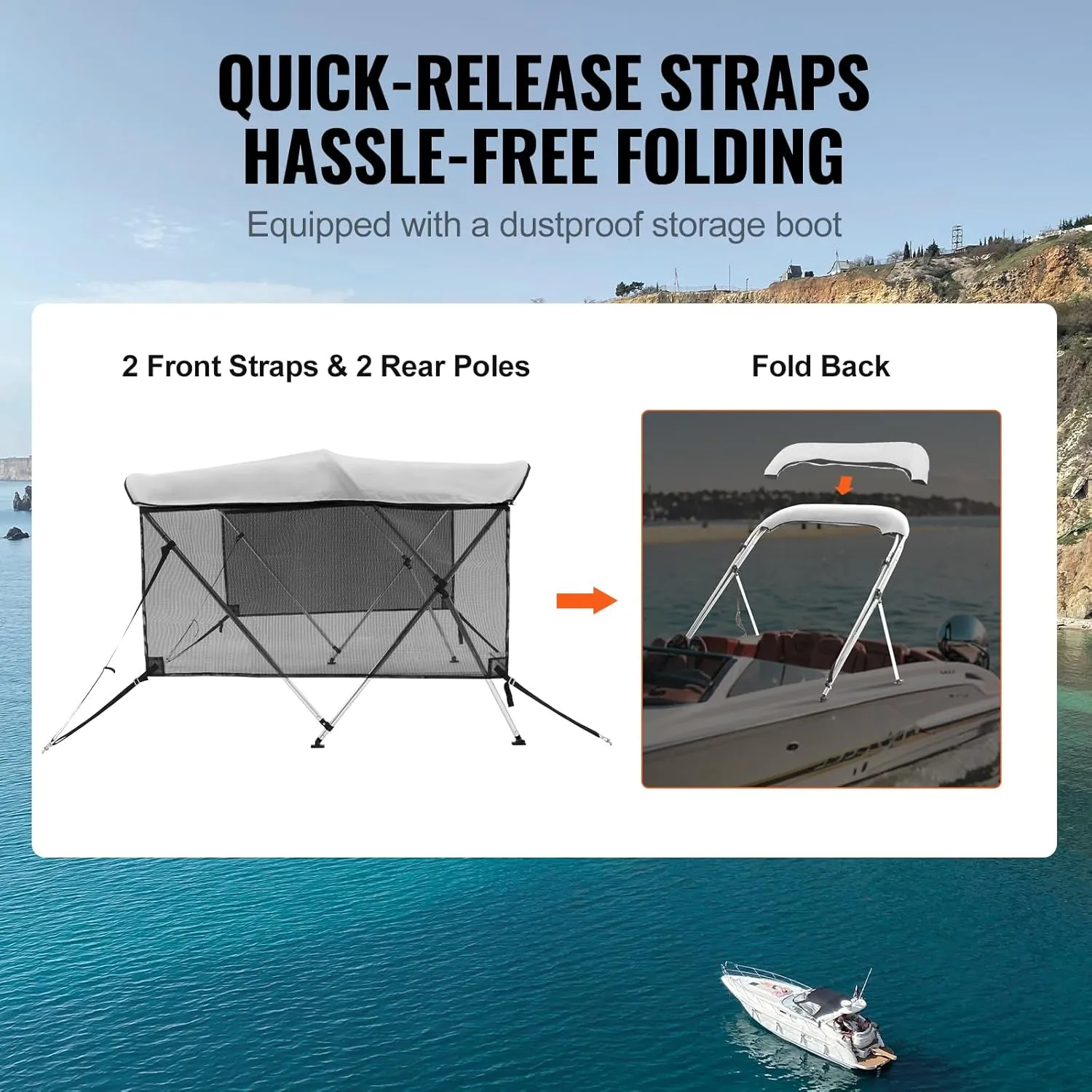 VEVOR 4 Bow / 3 Bow Bimini Tops, Detachable Mesh Sidewalls, 600D Polyester Canopy with 1" Aluminum Alloy Frame, Canvas Top for Boat Includes Storage Boot, 2 Support Poles, 2 Straps, Light Grey