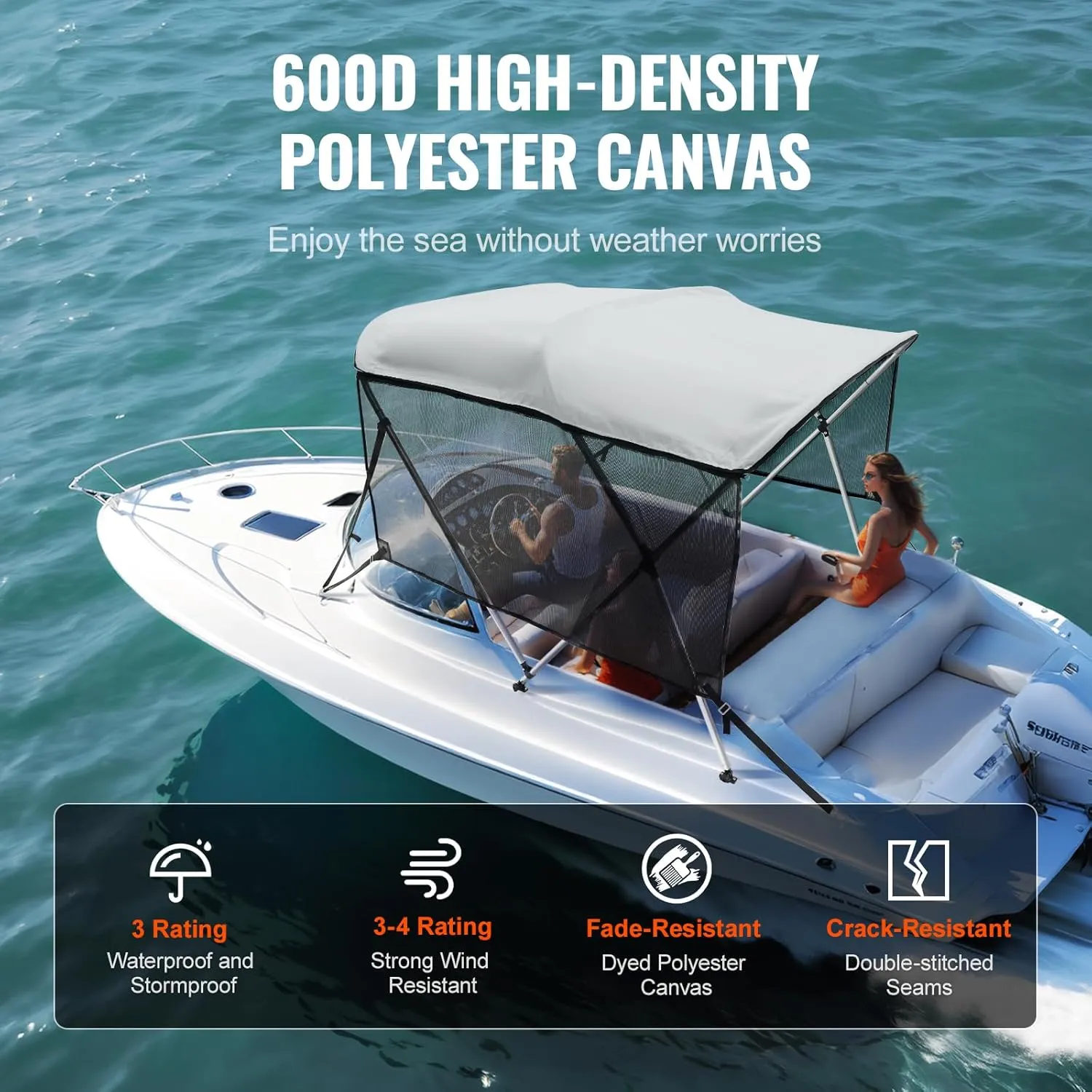 VEVOR 4 Bow / 3 Bow Bimini Tops, Detachable Mesh Sidewalls, 600D Polyester Canopy with 1" Aluminum Alloy Frame, Canvas Top for Boat Includes Storage Boot, 2 Support Poles, 2 Straps, Light Grey