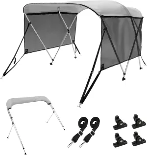 VEVOR 4 Bow / 3 Bow Bimini Tops, Detachable Mesh Sidewalls, 600D Polyester Canopy with 1" Aluminum Alloy Frame, Canvas Top for Boat Includes Storage Boot, 2 Support Poles, 2 Straps, Light Grey
