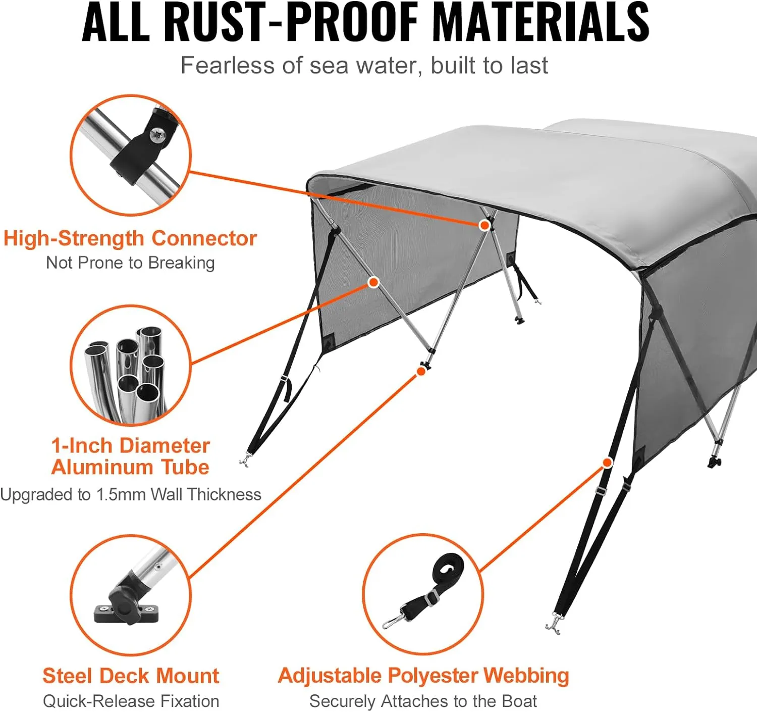 VEVOR 4 Bow / 3 Bow Bimini Tops, Detachable Mesh Sidewalls, 600D Polyester Canopy with 1" Aluminum Alloy Frame, Canvas Top for Boat Includes Storage Boot, 2 Support Poles, 2 Straps, Light Grey