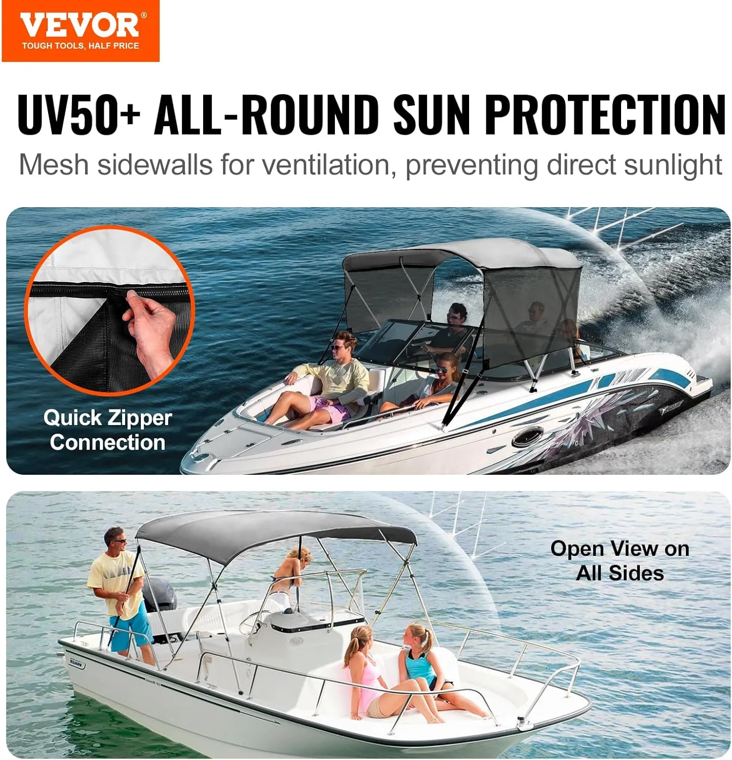 VEVOR 4 Bow / 3 Bow Bimini Tops, Detachable Mesh Sidewalls, 600D Polyester Canopy with 1" Aluminum Alloy Frame, Canvas Top for Boat Includes Storage Boot, 2 Support Poles, 2 Straps, Light Grey
