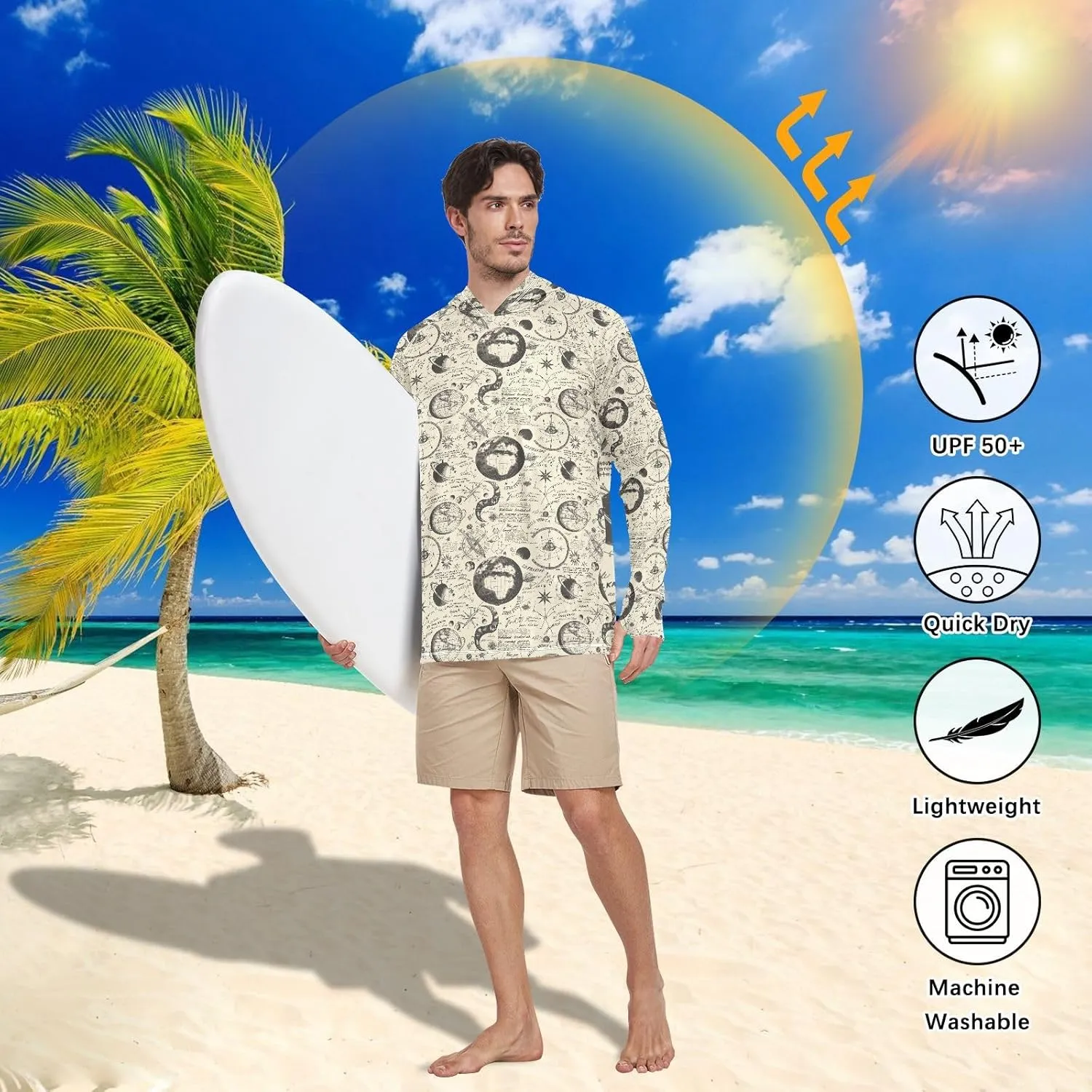 Vintage Ancient Style Sun Protection Hoodies Long Sleeve Sun Shirt with Hood UPF 50 