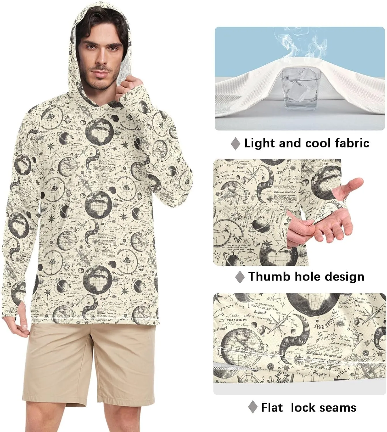Vintage Ancient Style Sun Protection Hoodies Long Sleeve Sun Shirt with Hood UPF 50 