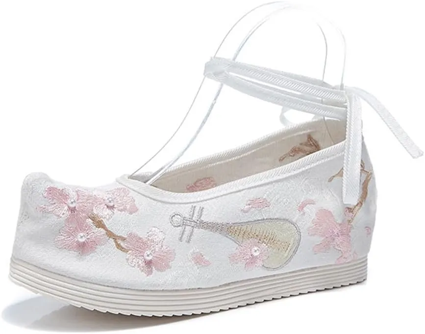 Winter Women Warm Faux Fur Shearling-Lined Flat Shoes With Pearls Ankle Strap Hairy Ladies Embroidery Flats
