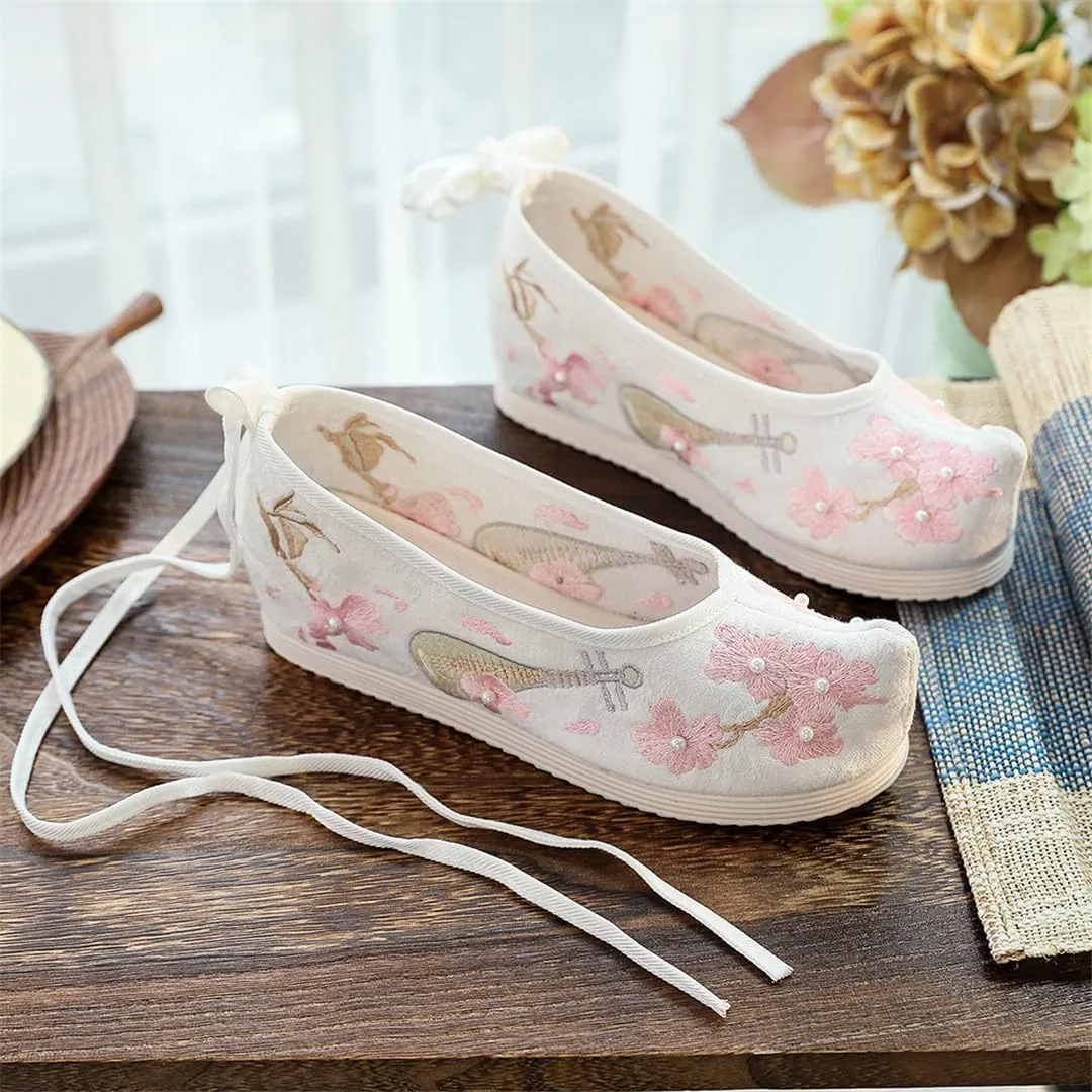 Winter Women Warm Faux Fur Shearling-Lined Flat Shoes With Pearls Ankle Strap Hairy Ladies Embroidery Flats