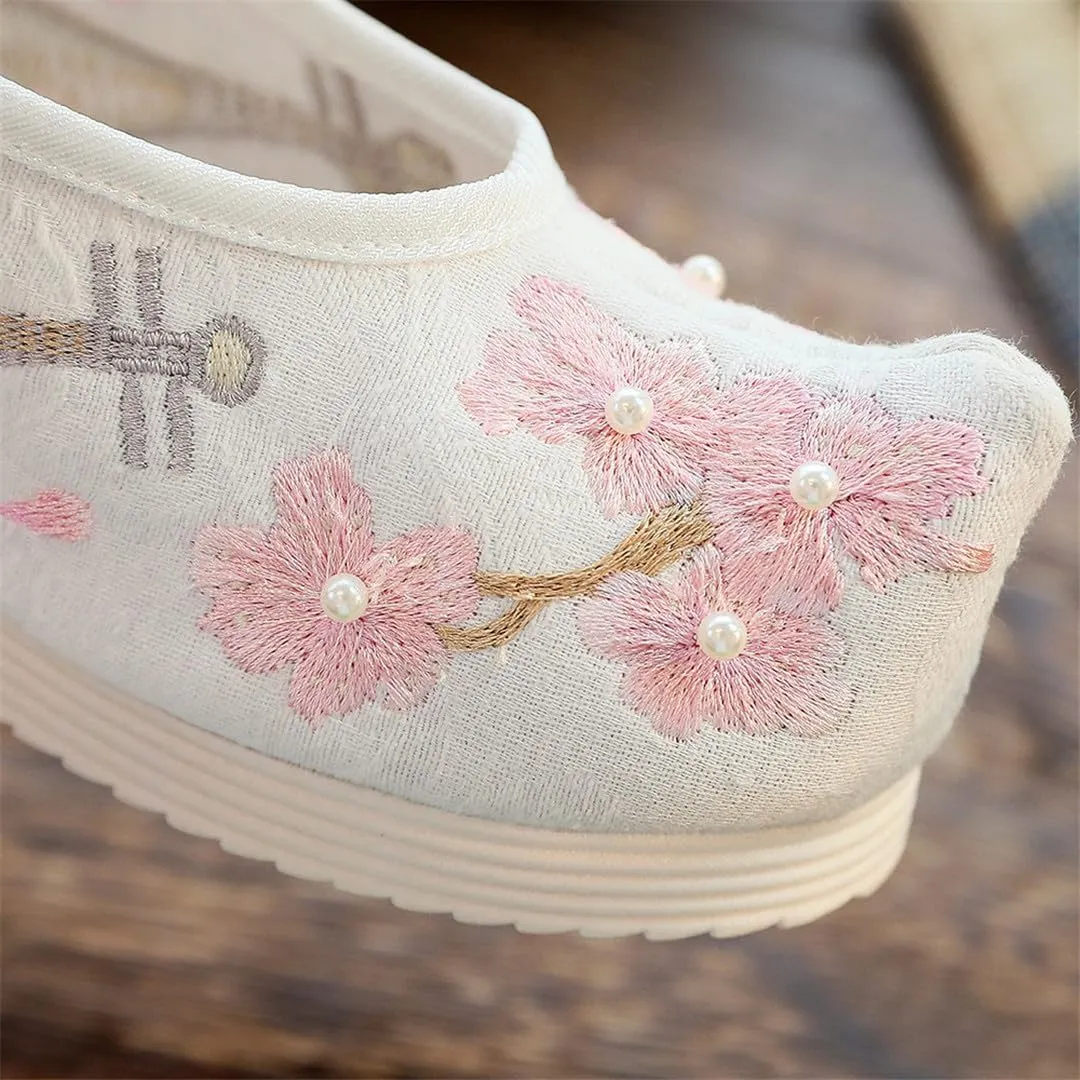 Winter Women Warm Faux Fur Shearling-Lined Flat Shoes With Pearls Ankle Strap Hairy Ladies Embroidery Flats