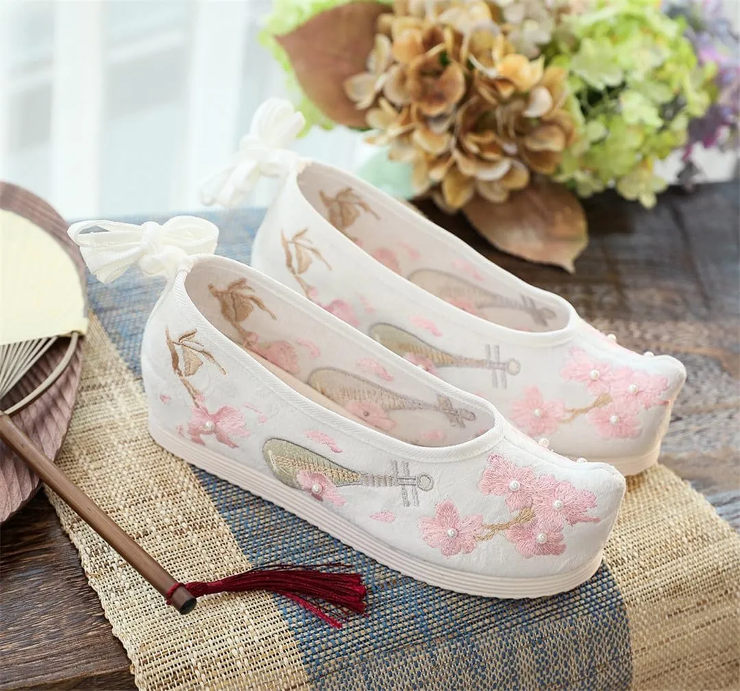 Winter Women Warm Faux Fur Shearling-Lined Flat Shoes With Pearls Ankle Strap Hairy Ladies Embroidery Flats