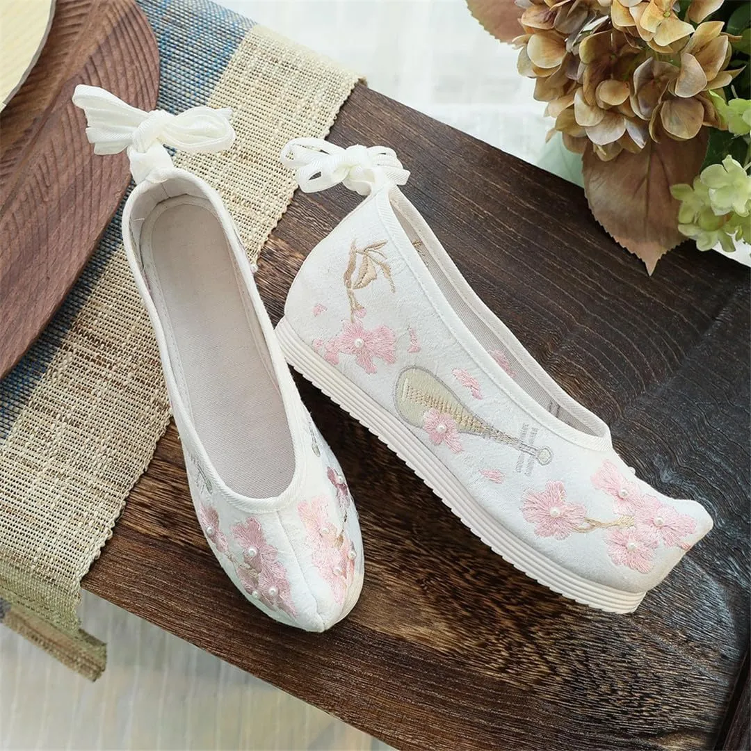 Winter Women Warm Faux Fur Shearling-Lined Flat Shoes With Pearls Ankle Strap Hairy Ladies Embroidery Flats