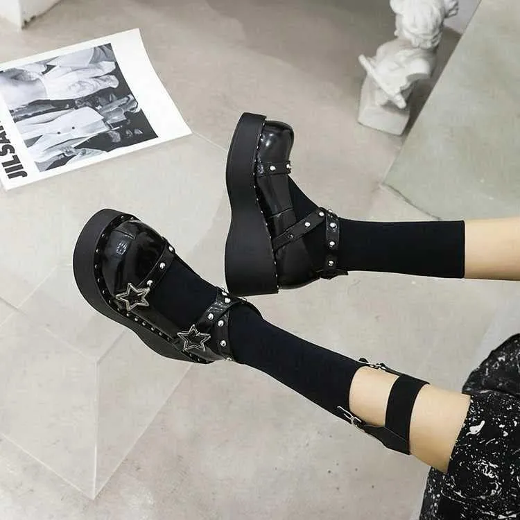 Women Cool Cross Strap Star Buckle Lolita Cross-Tied Platform Mary Janes Shoes Ladies Dress Flat Shoesgirls Studded Pumps