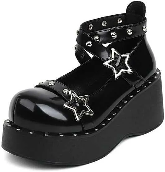 Women Cool Cross Strap Star Buckle Lolita Cross-Tied Platform Mary Janes Shoes Ladies Dress Flat Shoesgirls Studded Pumps