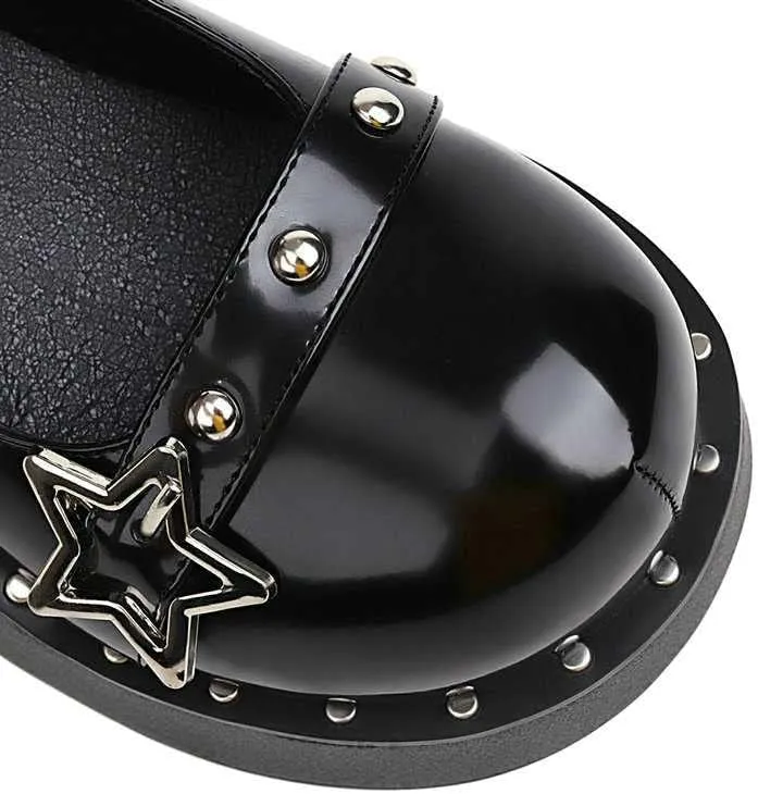 Women Cool Cross Strap Star Buckle Lolita Cross-Tied Platform Mary Janes Shoes Ladies Dress Flat Shoesgirls Studded Pumps