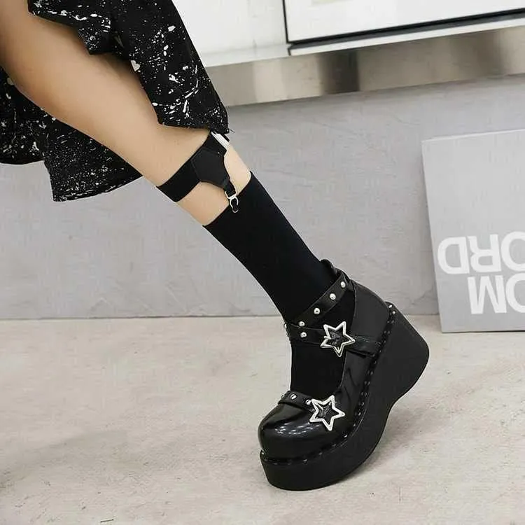 Women Cool Cross Strap Star Buckle Lolita Cross-Tied Platform Mary Janes Shoes Ladies Dress Flat Shoesgirls Studded Pumps