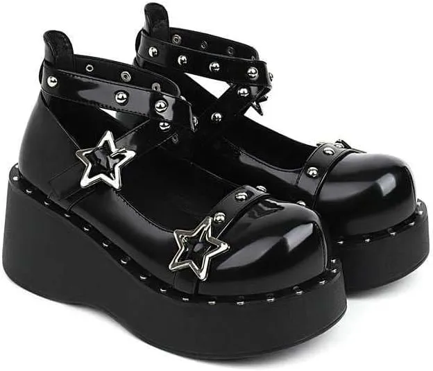 Women Cool Cross Strap Star Buckle Lolita Cross-Tied Platform Mary Janes Shoes Ladies Dress Flat Shoesgirls Studded Pumps