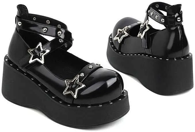 Women Cool Cross Strap Star Buckle Lolita Cross-Tied Platform Mary Janes Shoes Ladies Dress Flat Shoesgirls Studded Pumps