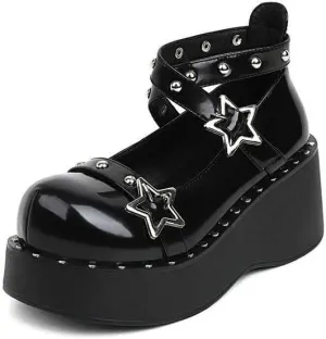 Women Cool Cross Strap Star Buckle Lolita Cross-Tied Platform Mary Janes Shoes Ladies Dress Flat Shoesgirls Studded Pumps