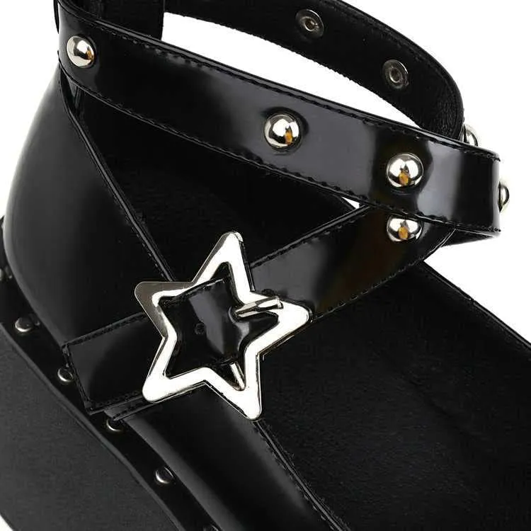 Women Cool Cross Strap Star Buckle Lolita Cross-Tied Platform Mary Janes Shoes Ladies Dress Flat Shoesgirls Studded Pumps