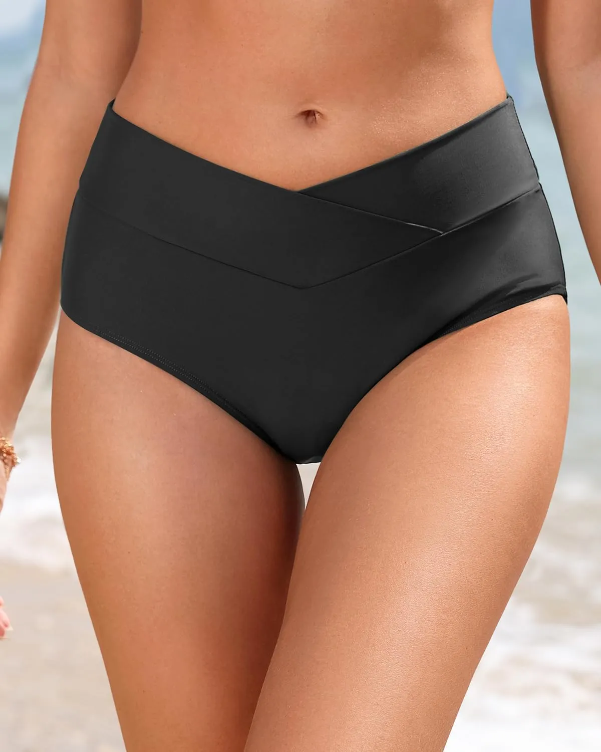 Women V Cut Full Coverage Bikini Bottom - High Waist Swim Bathing Suit Bottoms Cross V Front Swimsuit